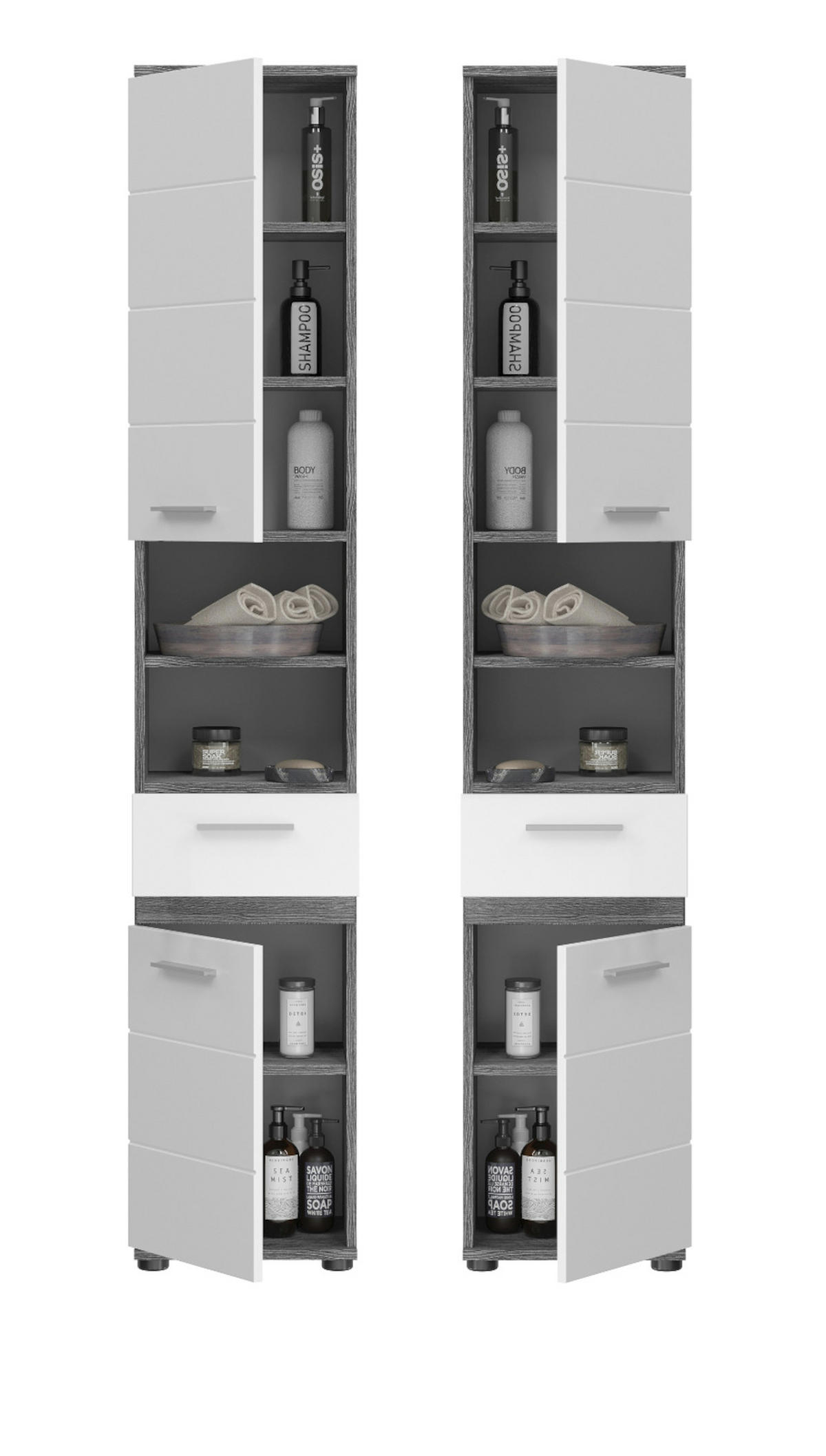 HOCHSCHRANK weiß Hochglanz, grau 35 cm, Badschrank mit 6 Fächern - Weiß Hochglanz/Silberfarben, Holzwerkstoff/Kunststoff (35/191/31cm) - Inn.Furn