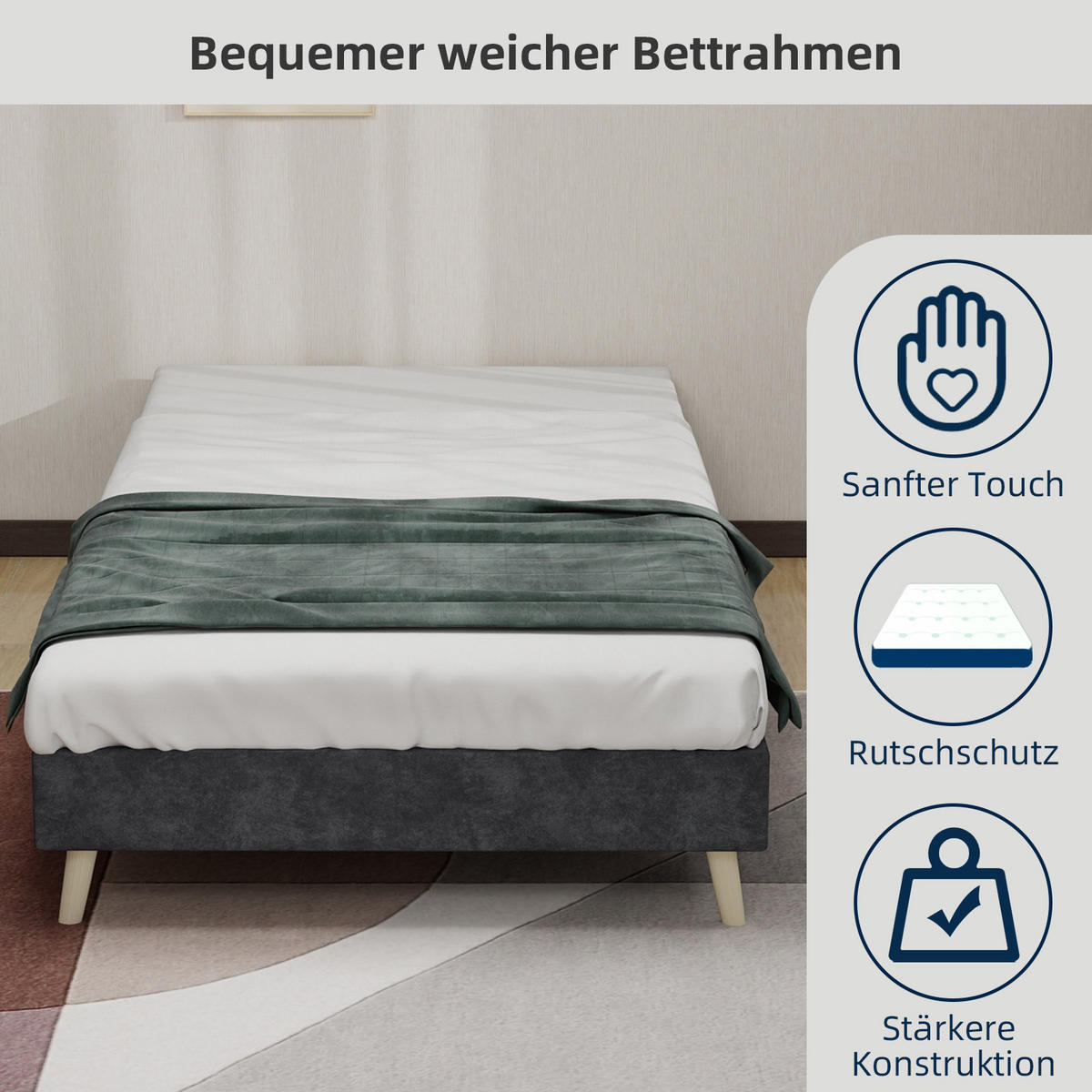 POLSTERBETT 90x200 cm niedrig ohne Stauraum grau - Grau, Textil (90/200cm) - LEBENLANG