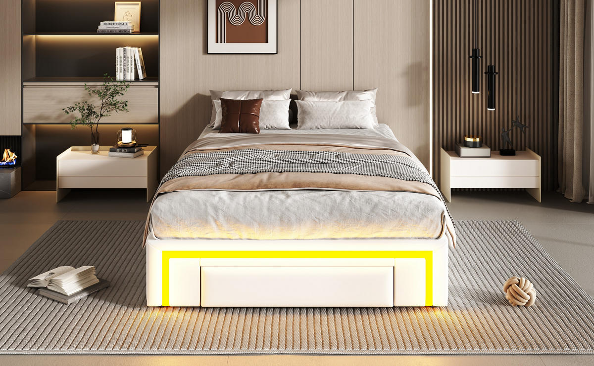 STAURAUMBETT 90/200 cm DE-02047, in Beige, mit LED und Schubladen - Beige, Metall (90/200cm) - ComfortXL