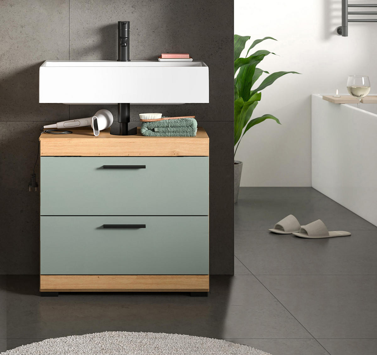 WASCHBECKENUNTERSCHRANK Salbei grün, Eiche Artisan 60 cm mit Schubkästen - Salbeigrün/Schwarz, Holzwerkstoff/Kunststoff (60/56/37cm) - Inn.Furn