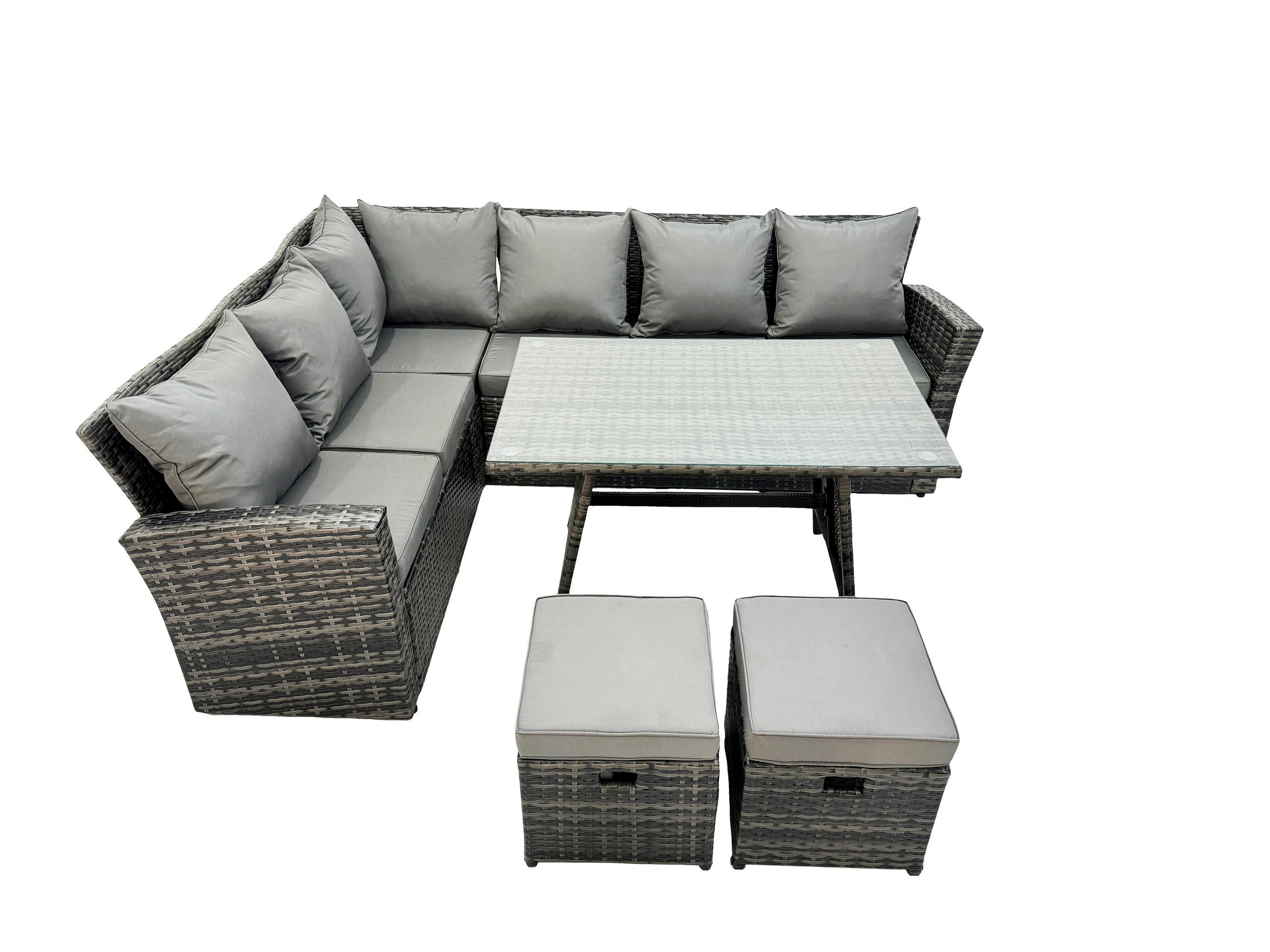 GARTENTISCHGRUPPE Polyrattan Dunkelgrau 8-Sitzer - Dunkelgrau/Grau, Glas/Kunststoff - Fimous