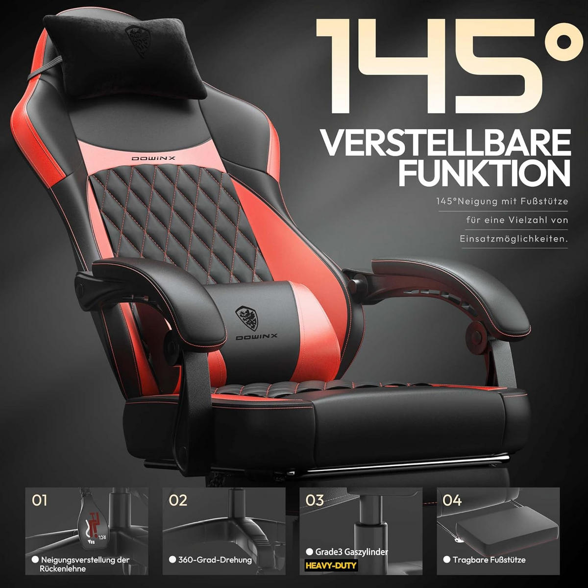 GAMING-STUHL ergonomischer mit Lendenwirbelstütze, Fußstütze, PU-Leder - Rot, Leder (65/127/63cm)
