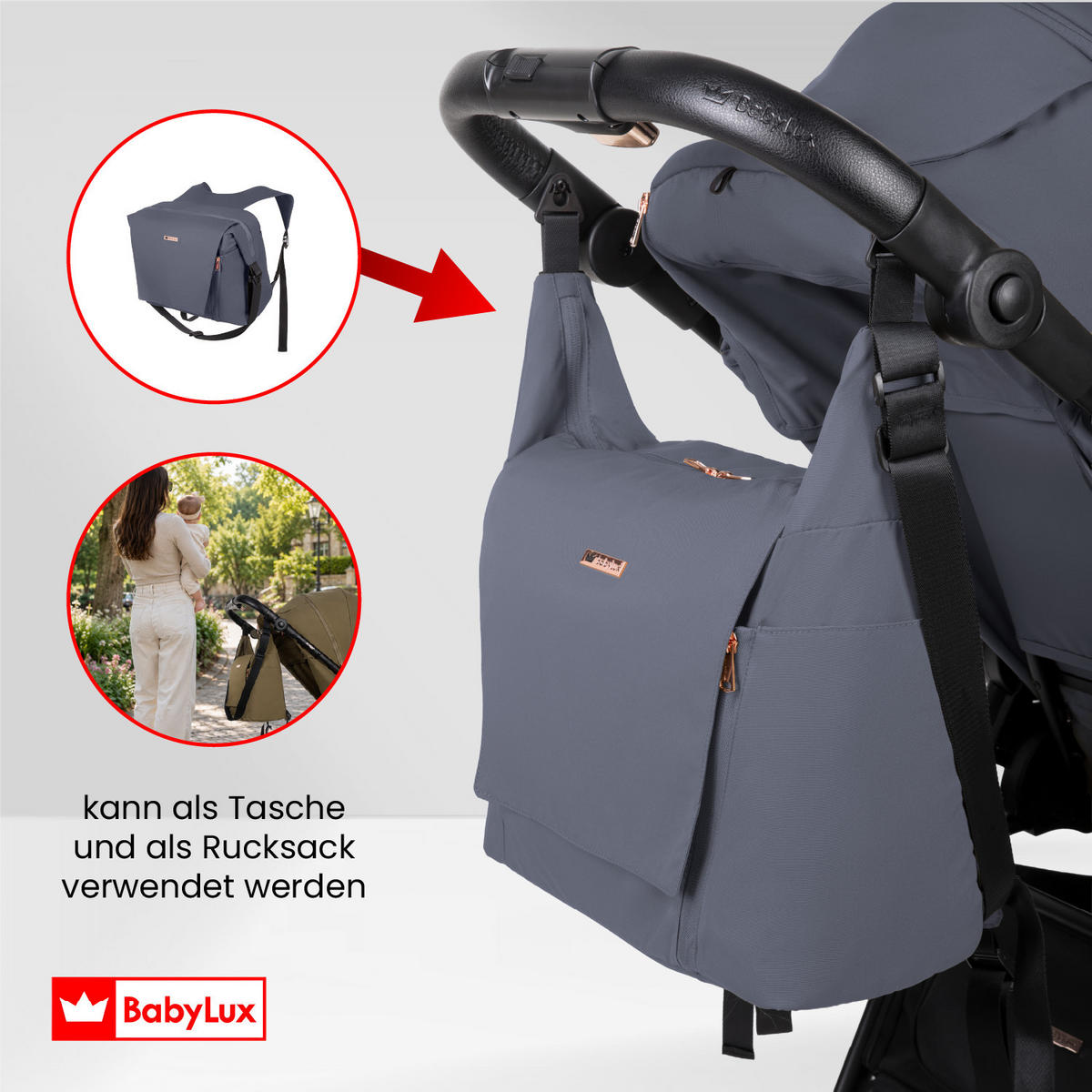 BUGGY Rombo, Klein und Leicht, Teleskopische Führung, Kompakt Faltbar, Wickeltasche, Reisetasche - Schwarz/Grau, Textil/Metall (58/98cm) - BabyLux