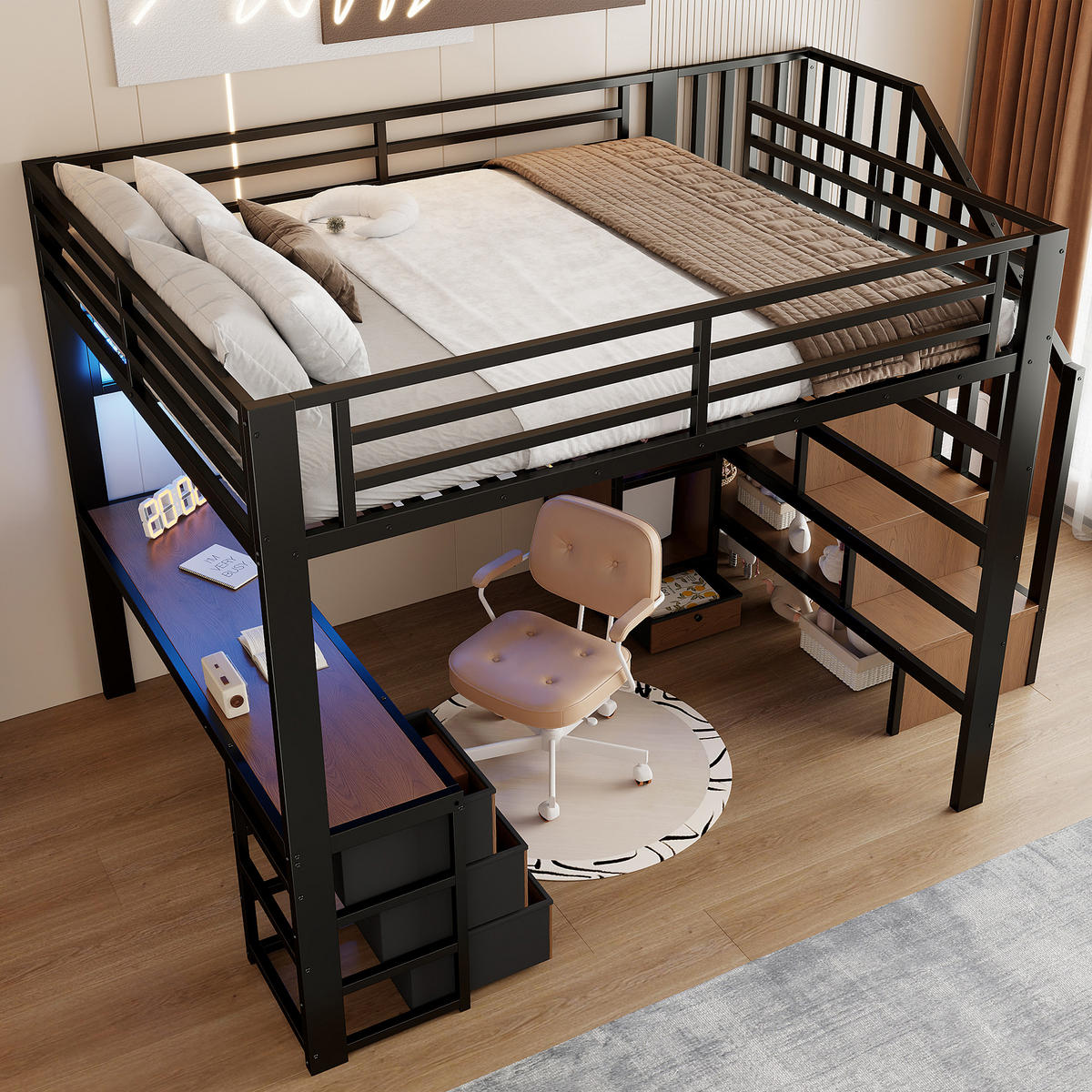 HOCHBETT 140/200 cm in Schwarz mit 4 Schubladen, LED, Schreibtisch und Ablage Metall Kinderbett - Schwarz, Holzwerkstoff/Metall (140/200cm) - STILVORA