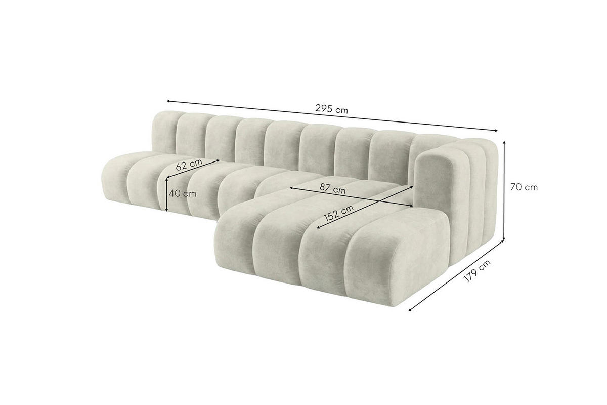 ECKSOFA Modulares In L-Form, Velvet-Stoff Riviera, Ecru, Rechts, GRAND 295 cm - Creme, Holz (295/179cm) - Kaiser Möbel