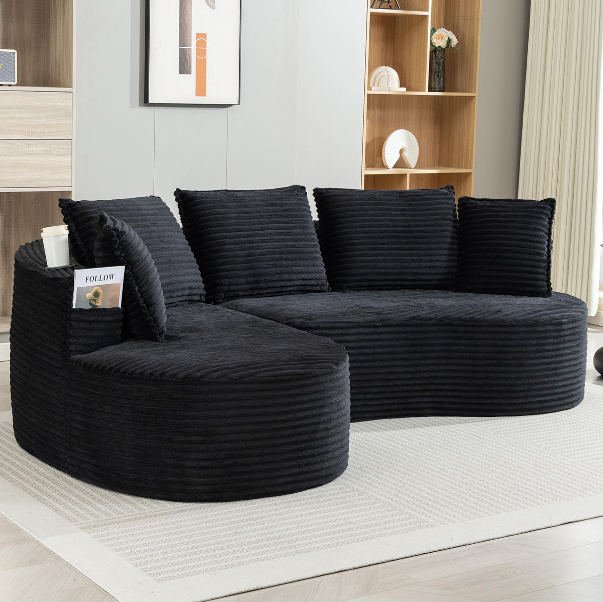 SOFA im Bogendesign 250 x 152 cm Corduroy Black - Schwarz, Textil (152/250cm) - Meubliv