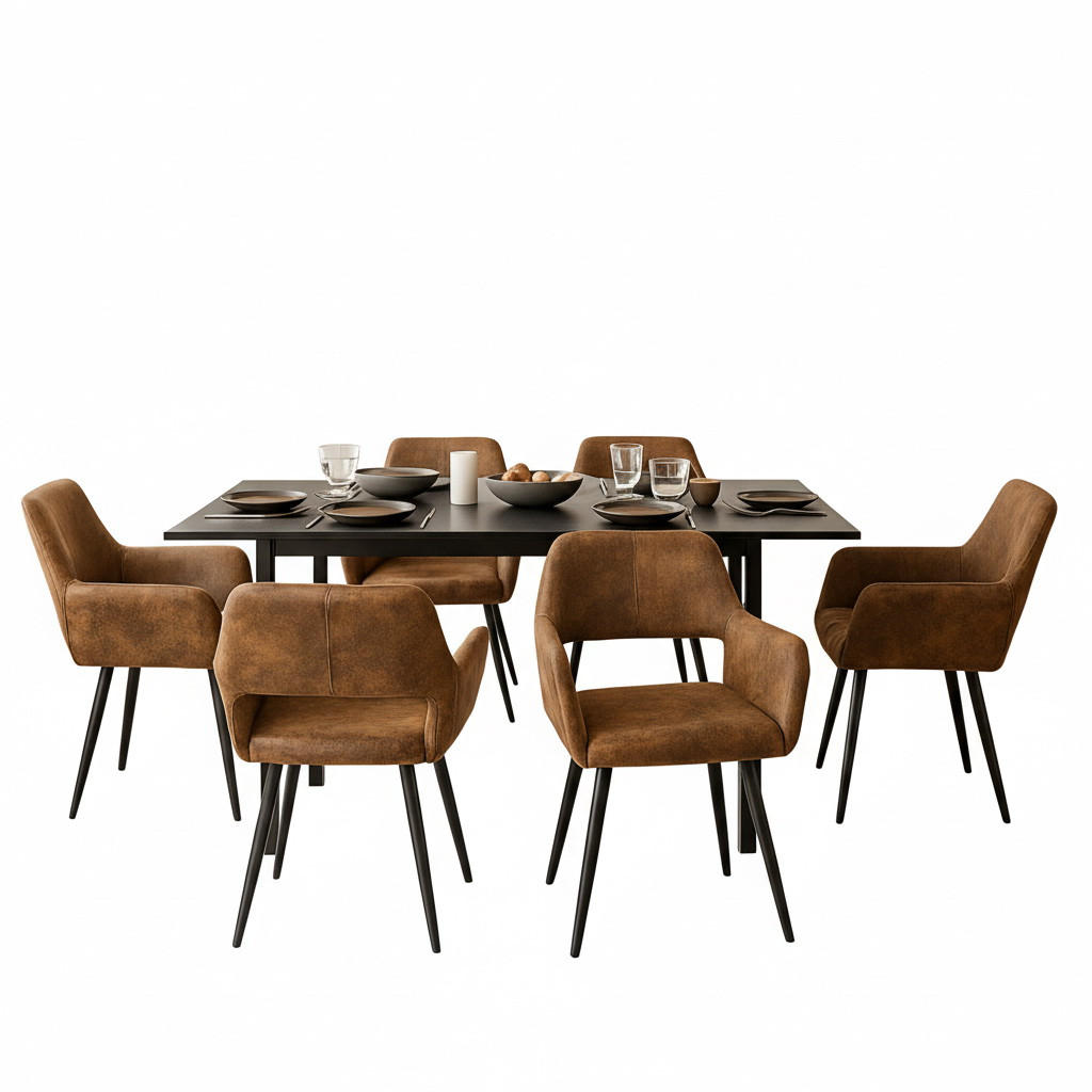 ESSGRUPPE mit Tisch und 6 Armlehnstühlen in Wildlederoptik, Braun - Multicolor, Textil (47/81/45.5cm) - Meubles Cosy