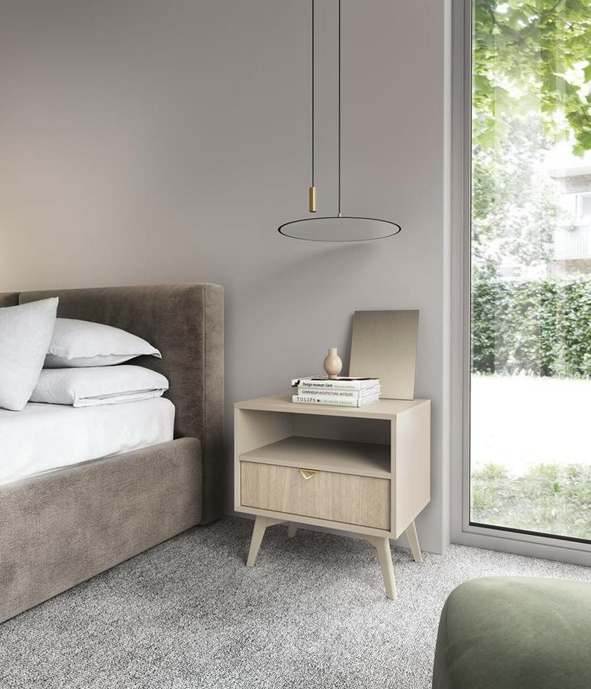 NACHTTISCH Firr S54, Sandbeige, Skandi-Fischgrätmuster, Schlafzimmer, 1 Schublade, 1 Ablage, Goldgriffe - Beige, Holzwerkstoff (54/54/38cm) - Bettso