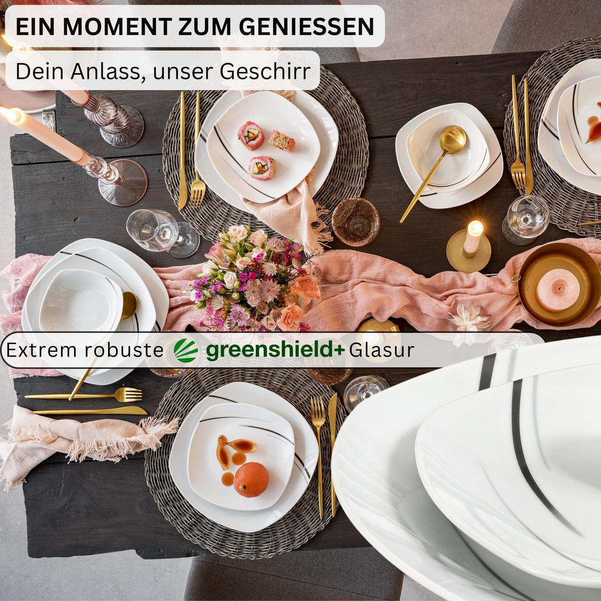 SÄNGER Porzellan Geschirrset Bilgola Black Lines,Tafelservice 36 teilig für 12 Personen - Schwarz/Weiß, Keramik (25/30/25cm) - Sänger