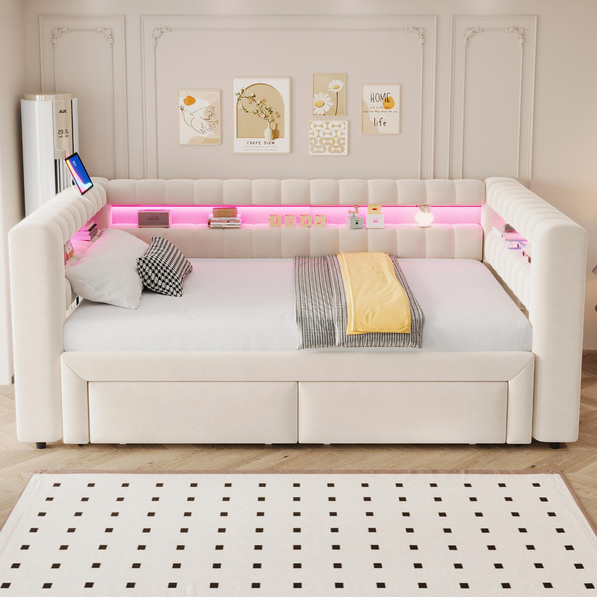 ČALOUNĚNÁ rozkládací postel 90/190 cm s výsuvným lůžkem, úložným prostorem, LED a USB/USB-C, Béžová - béžová, textil (90/190cm) - Redom