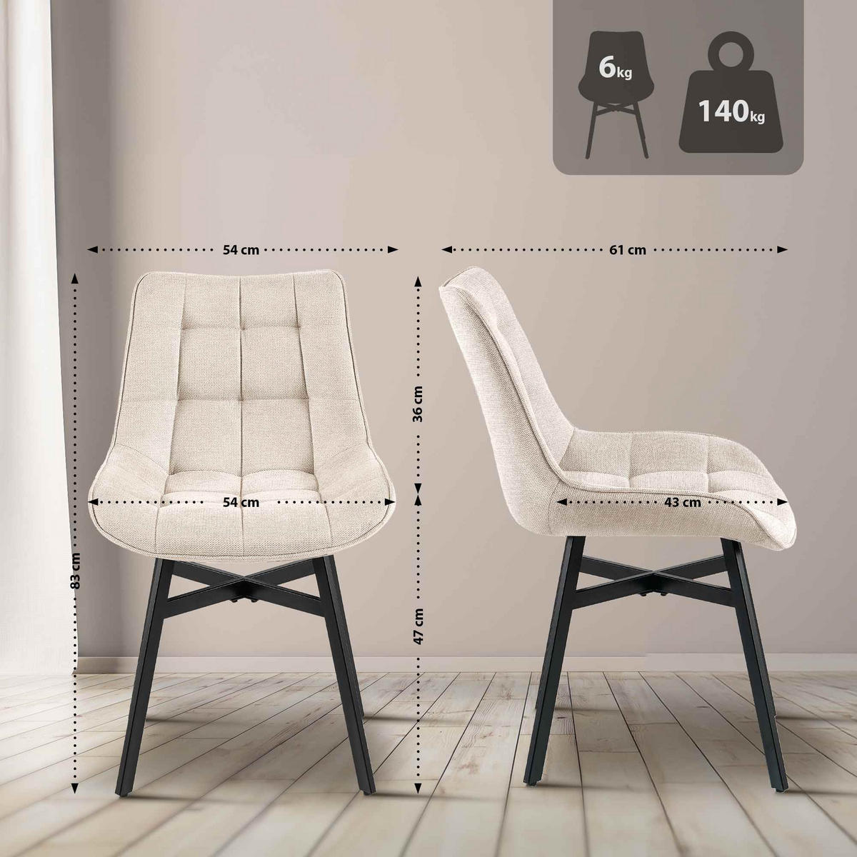 ESSZIMMERSTUHL Stoff Creme - Creme/Schwarz, Textil/Metall (54/83/61cm) - CLP