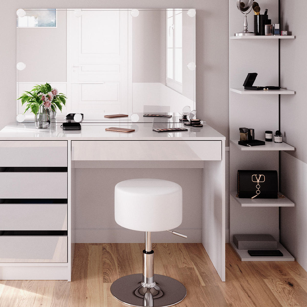 SCHMINKTISCH Sherry Weiß 4 Teile mit Aufbewahrungsregal Spiegel Hocker LED - Weiß, Holzwerkstoff (55/75/120cm) - Vicco
