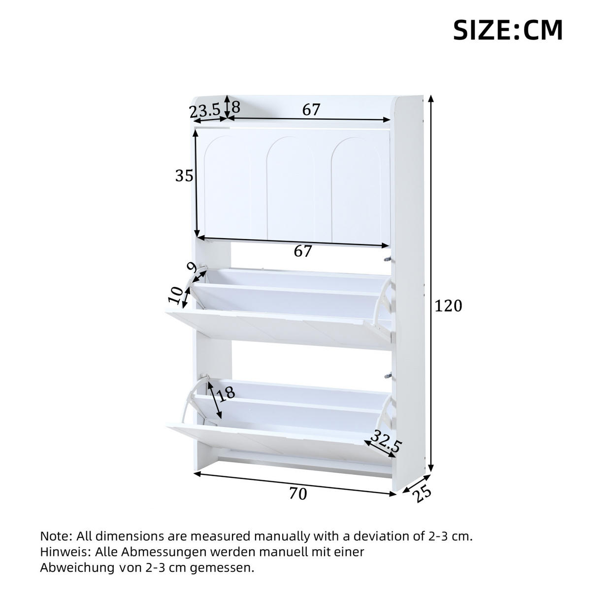 SCHUHSCHRANK 70/25/120 cm weiß aus MDF mit Klapptüren und Schublade - Weiß, Holzwerkstoff (70/120/25cm) - OKWISH