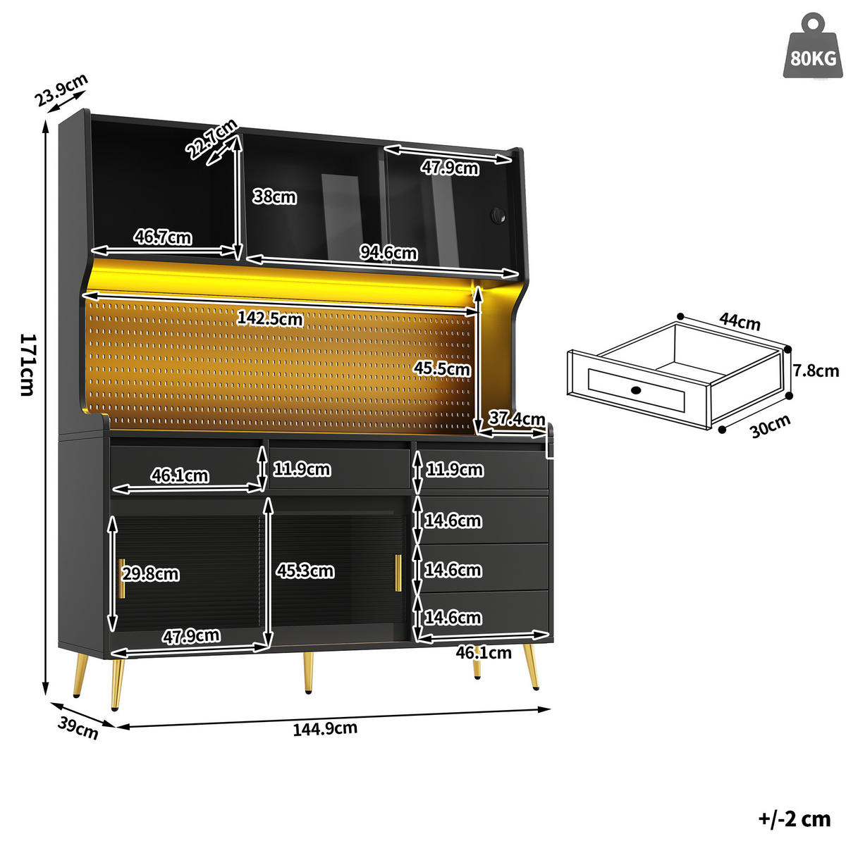 BUFFET 145/39/171 cm aus MDF und Glas mit LED-Beleuchtung und Schiebetüren Schwarz - Schwarz, Holzwerkstoff (145/171/39cm) - Modenvie