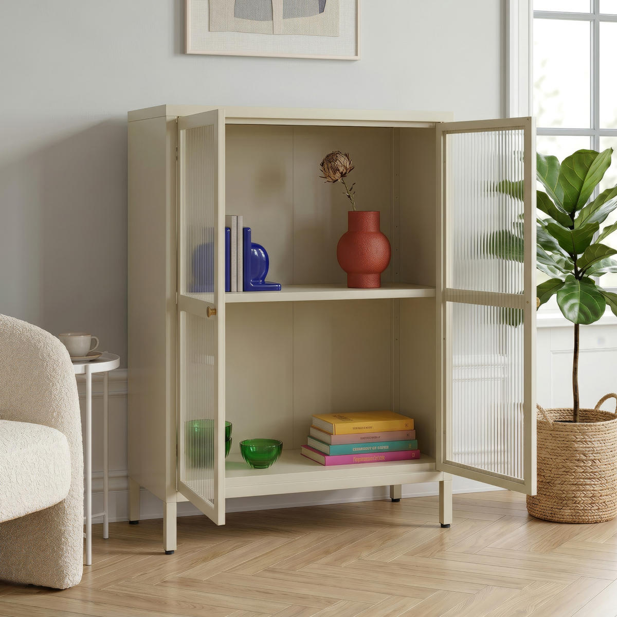 VITRINE Säkylä - Transparent/Beige, Glas/Metall (64/84/35cm) - [en.casa]