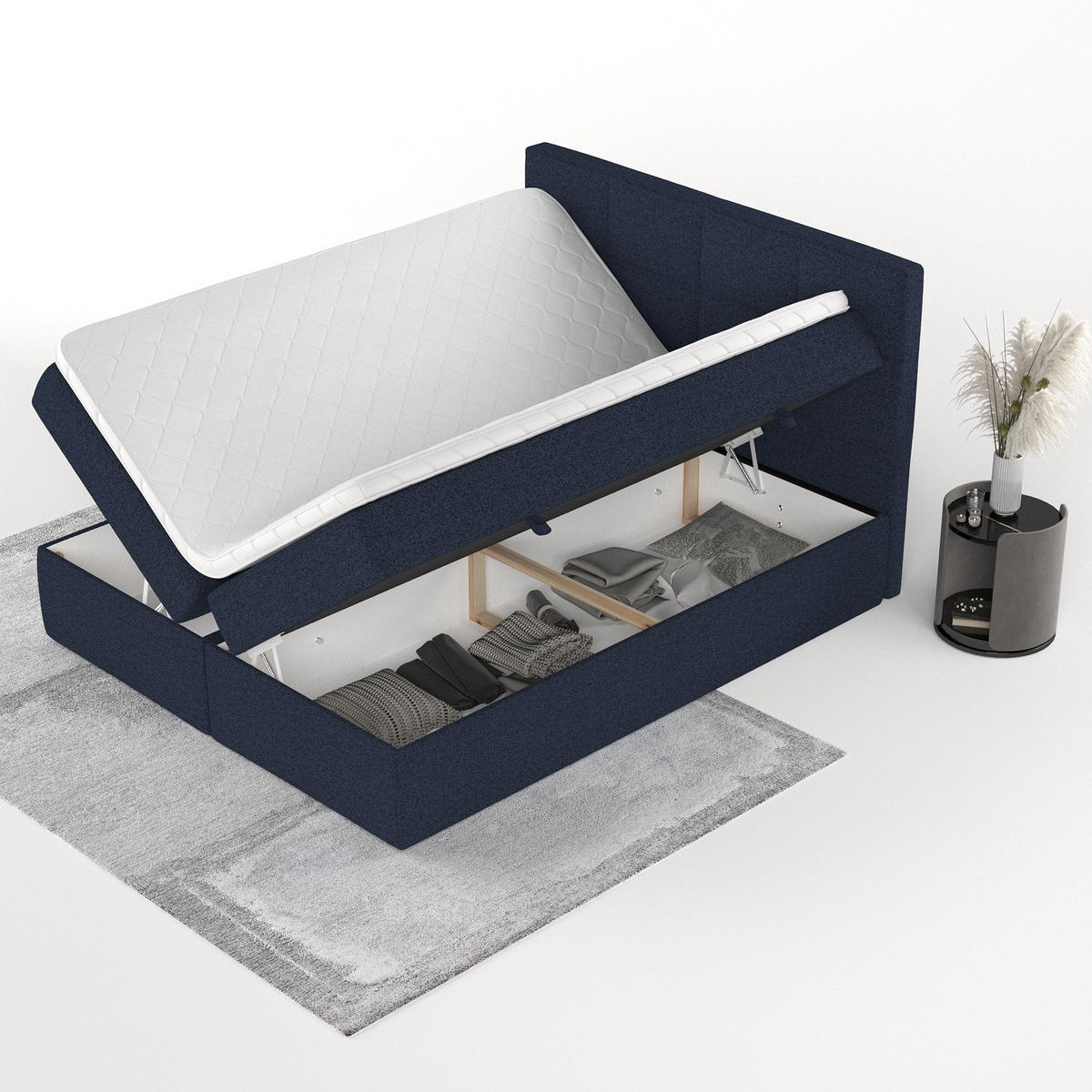 BOXBETT Oris 140/200 cm Marineblau im Riva Stoff - Schwarz/Dunkelblau, Holz/Holzwerkstoff (140/200cm) - AltaBeds