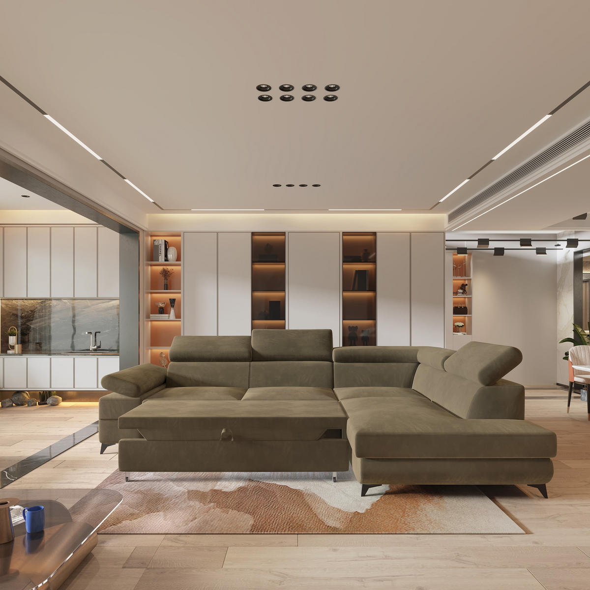 ECKSOFA FAVIEN R-S Beige Velours-Stoff mit Schlaffunktion - Beige, Holz (257/190cm) - MASSENO