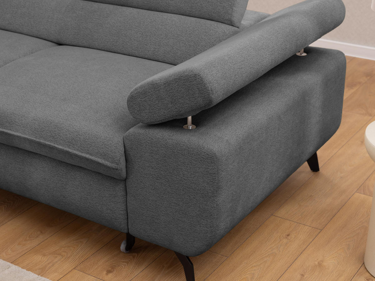 ECKSOFA mit Schlaffunktion und Bettkasten Bonnie aus Grau Chenille-Stoff mit verstellbaren Kopfstützen und Armlehne - Ottomane links - Schwarz/Grau, Holz/Textil (275/210cm) - S-Style Möbel