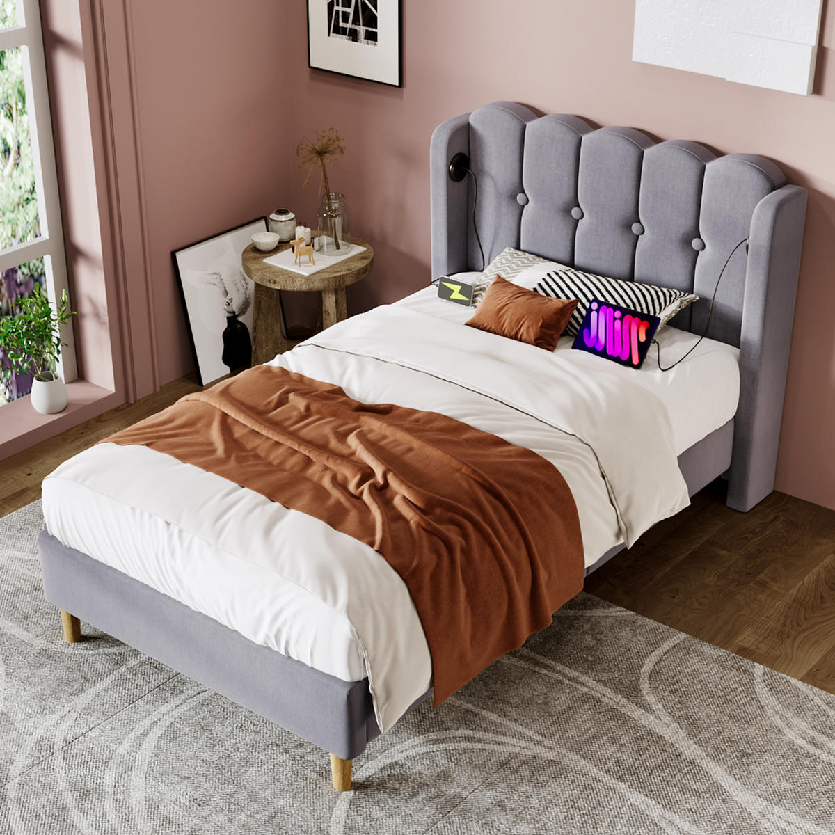 POLSTERBETT 90/200 cm in Grau Leinen mit USB Typ C Ladefunktion - Grau, Holz/Textil (90/200cm) - KOMHTOM