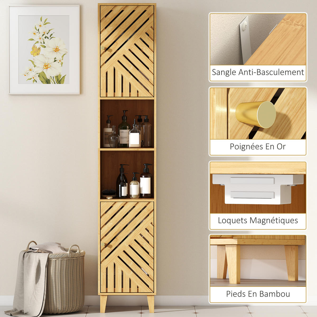 HOCHSCHRANK DE-12485 32/30/170 cm mit Bambustüren Naturholz - Naturfarben, Holzwerkstoff (30/170/32cm) - ComfortXL