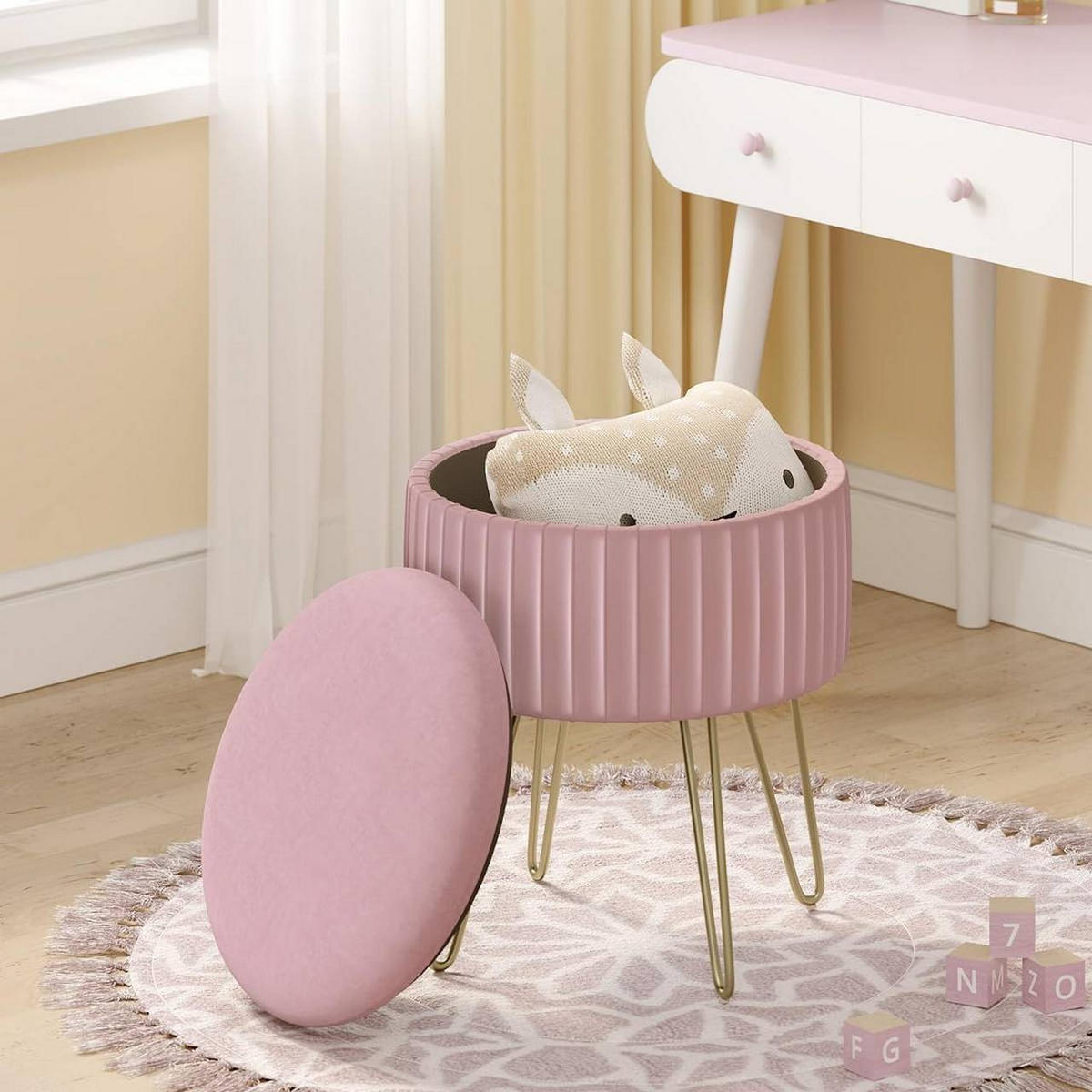 SITZHOCKER mit Stauraum, φ31,5xH37,5 cm, Rosa - Goldfarben/Rosa, Holzwerkstoff/Kunststoff (31.5/37.5/31.5cm) - Woltu