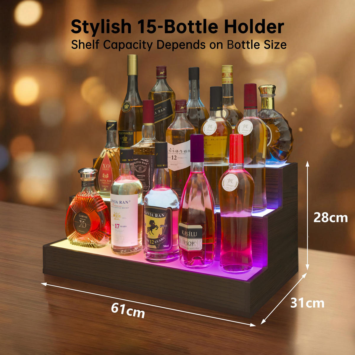 WEINREGAL 61/31/28 cm, Nussbaumfarben, Verbundholz, LED beleuchtet, App & Fernbedienung, 3-stufig, freistehend - Walnussfarben, Holzwerkstoff (61/28/31cm)