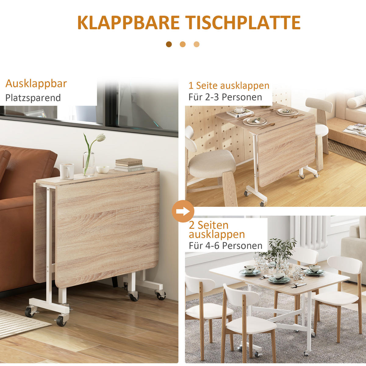 ESSTISCH klappbar, MDF, Stahl, Eiche - Eichefarben, Kunststoff (80/73/120cm) - HOMCOM