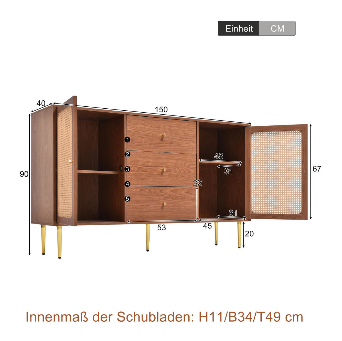 KOMMODE, 2 Türen & 3 Schubladen, höhenverstellbarer Einlegeboden, 150x40x90 cm, Nussbaumfarben - Nussbaumfarben, Holzwerkstoff (40/90/150cm) - Modfu