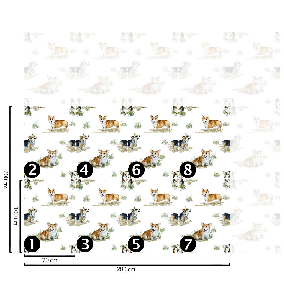 TAPETE Corgi aus echtem Papier, 200x280cm, 8 Bögen - Weiß, Papier (280/200cm) - WALLPAPERS4BEGINNERS