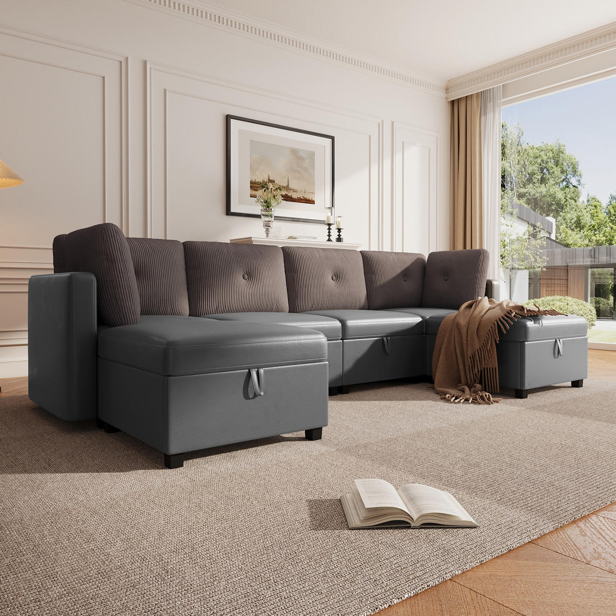 SOFA 4-Sitzer Modulares aus Samt & Cord 261x132,5 cm mit Stauraum, antikgrau - Grau, Textil (132.5/85/261cm) - Luhomfu