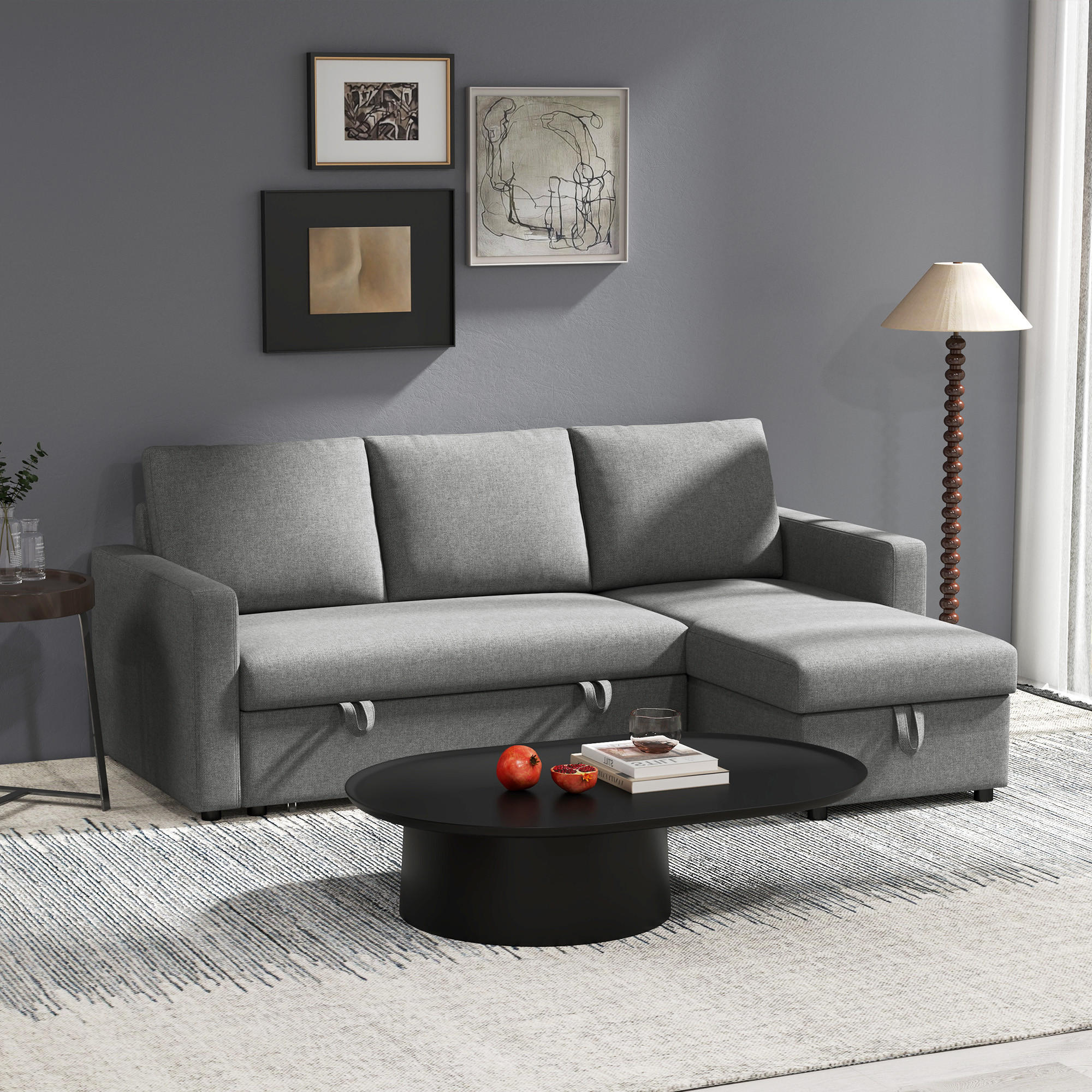 ECKSOFA mit Schlaffunktion Stauraum Eckcouch mit Chaiselongue Schlafsofa L-Form - Hellgrau/Schwarz, Kunststoff/Textil (146/211.5cm) - HOMCOM