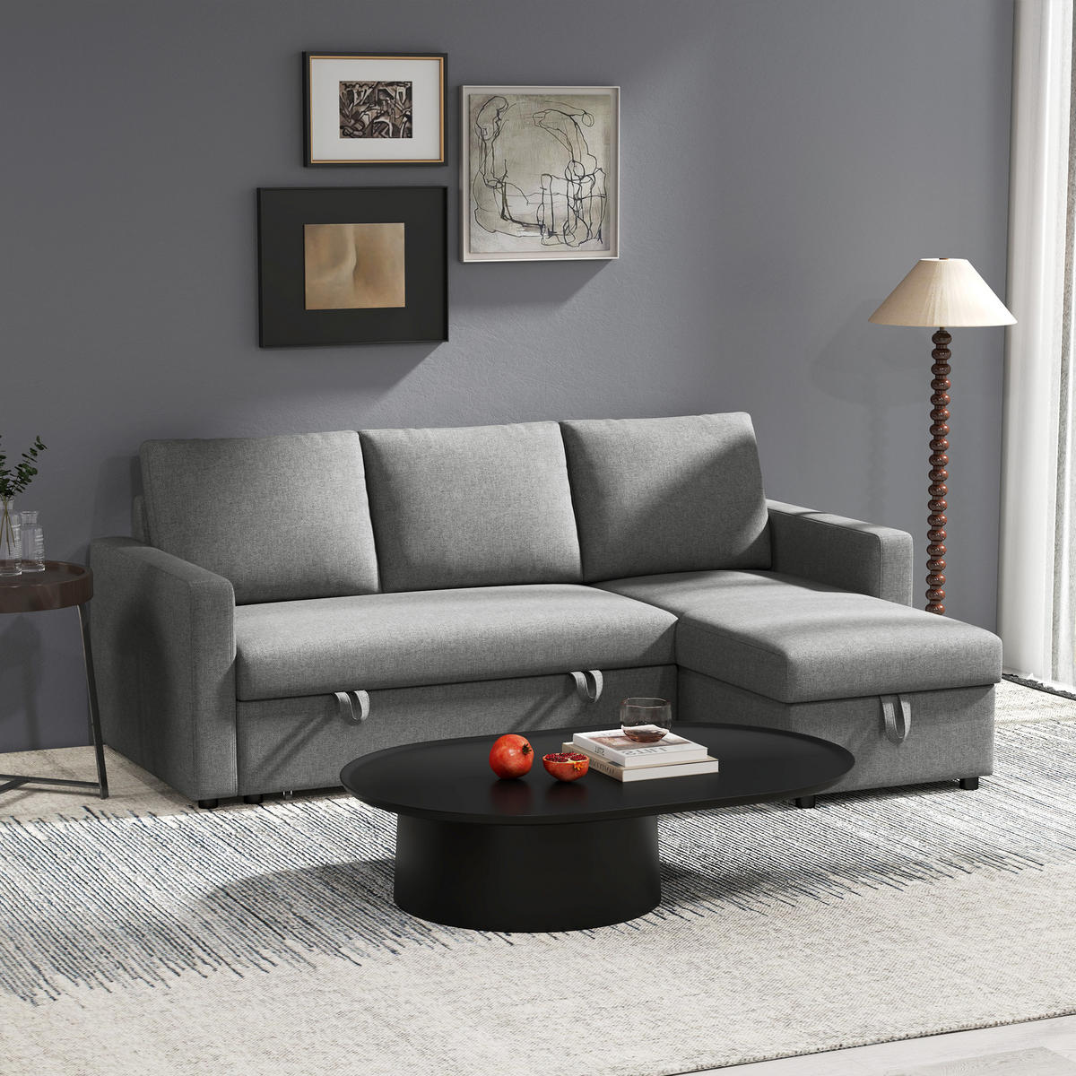 ECKSOFA mit Schlaffunktion Stauraum Eckcouch mit Chaiselongue Schlafsofa L-Form - Hellgrau/Schwarz, Kunststoff/Textil (146/211.5cm) - HOMCOM