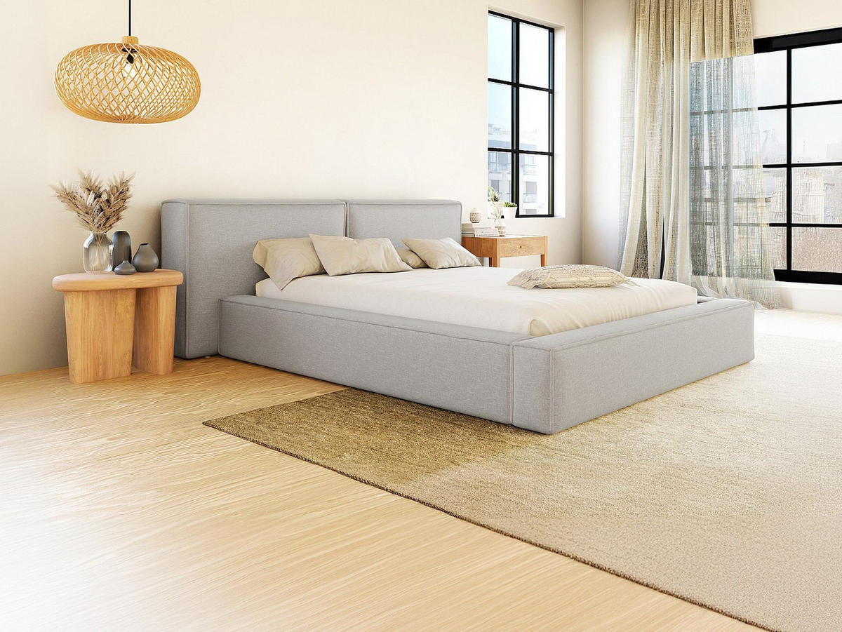 BETT mit Bettkasten - 2 Personen - Stoff - Hellgrau - - Hellgrau, Textil (140/190cm) - Vente-Unique