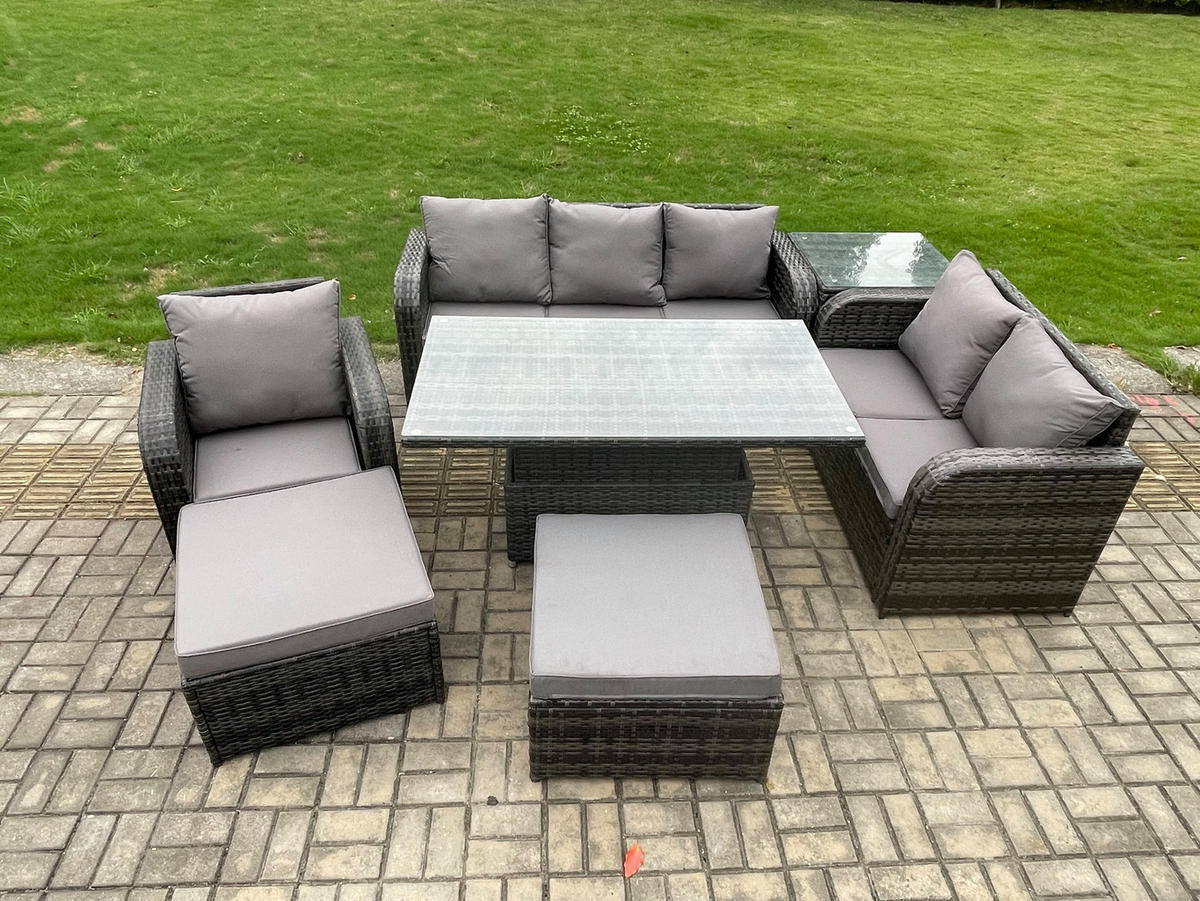 GARTENMÖBEL SET mit Höhenverstellbarer Esstisch 8-Sitzer Grau - Dunkelgrau/Grau, Glas/Kunststoff - Fimous