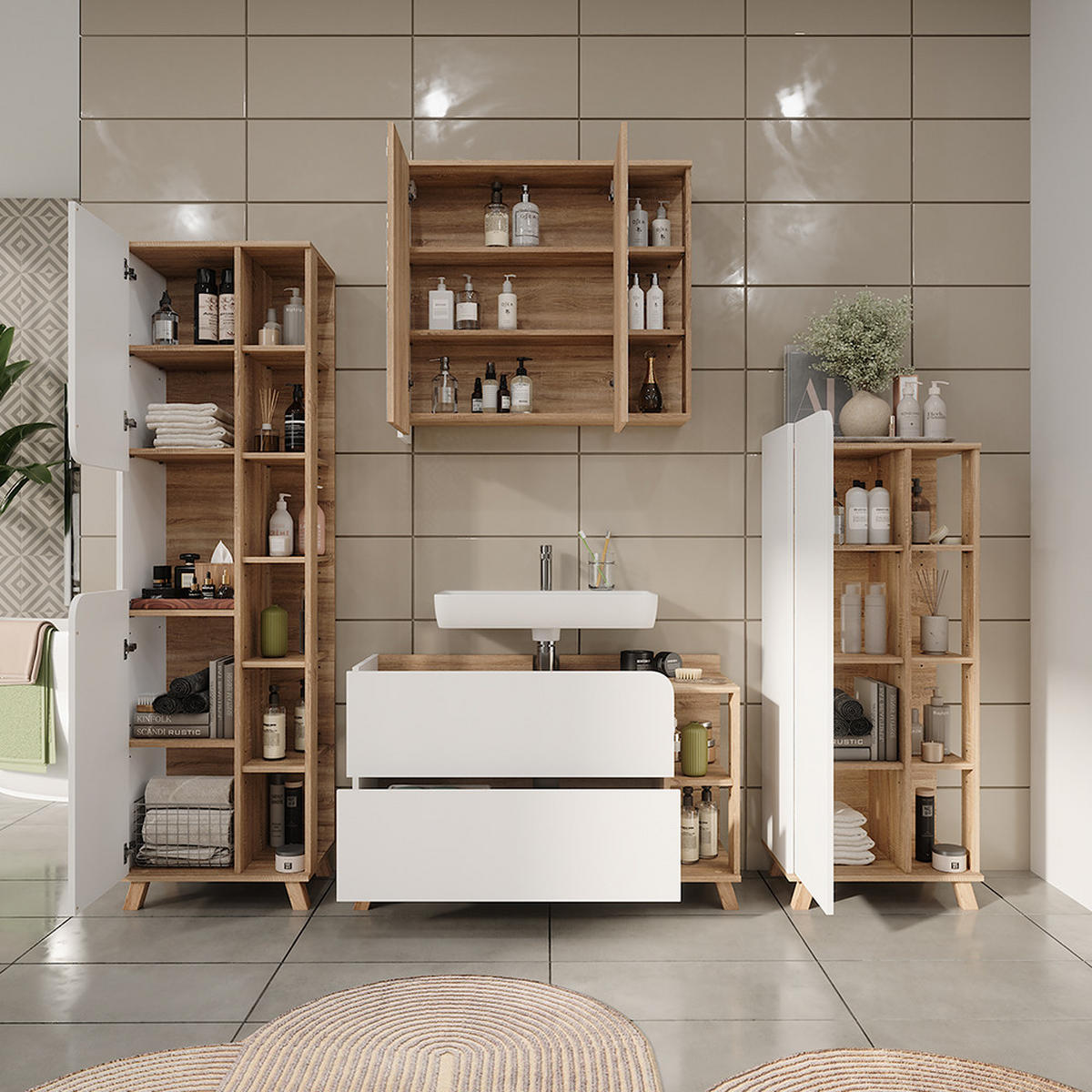 BADMÖBEL-SET Karen Sonoma/Weiß 4 Teile - Weiß/Sonoma Eiche, Holzwerkstoff (100/65/35cm) - Vicco