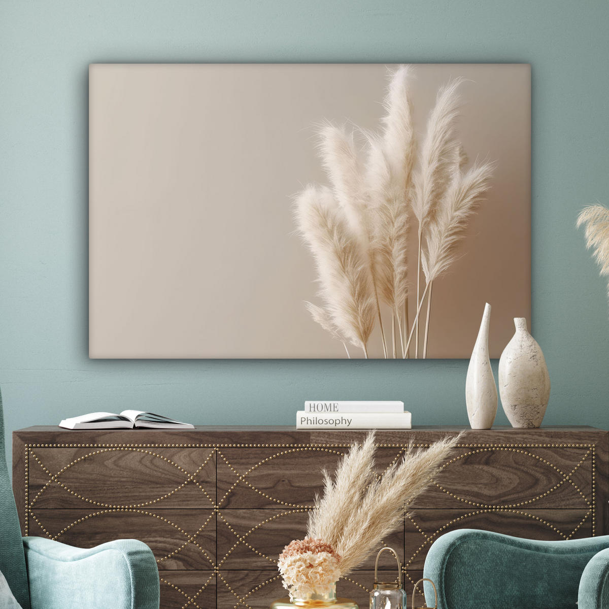 LEINWANDBILD Pampasgras - Federn - Pastell - Weiß Wohnzimmer Groß 120x80 cm - Naturfarben, Textil (120/80cm) - MuchoWow