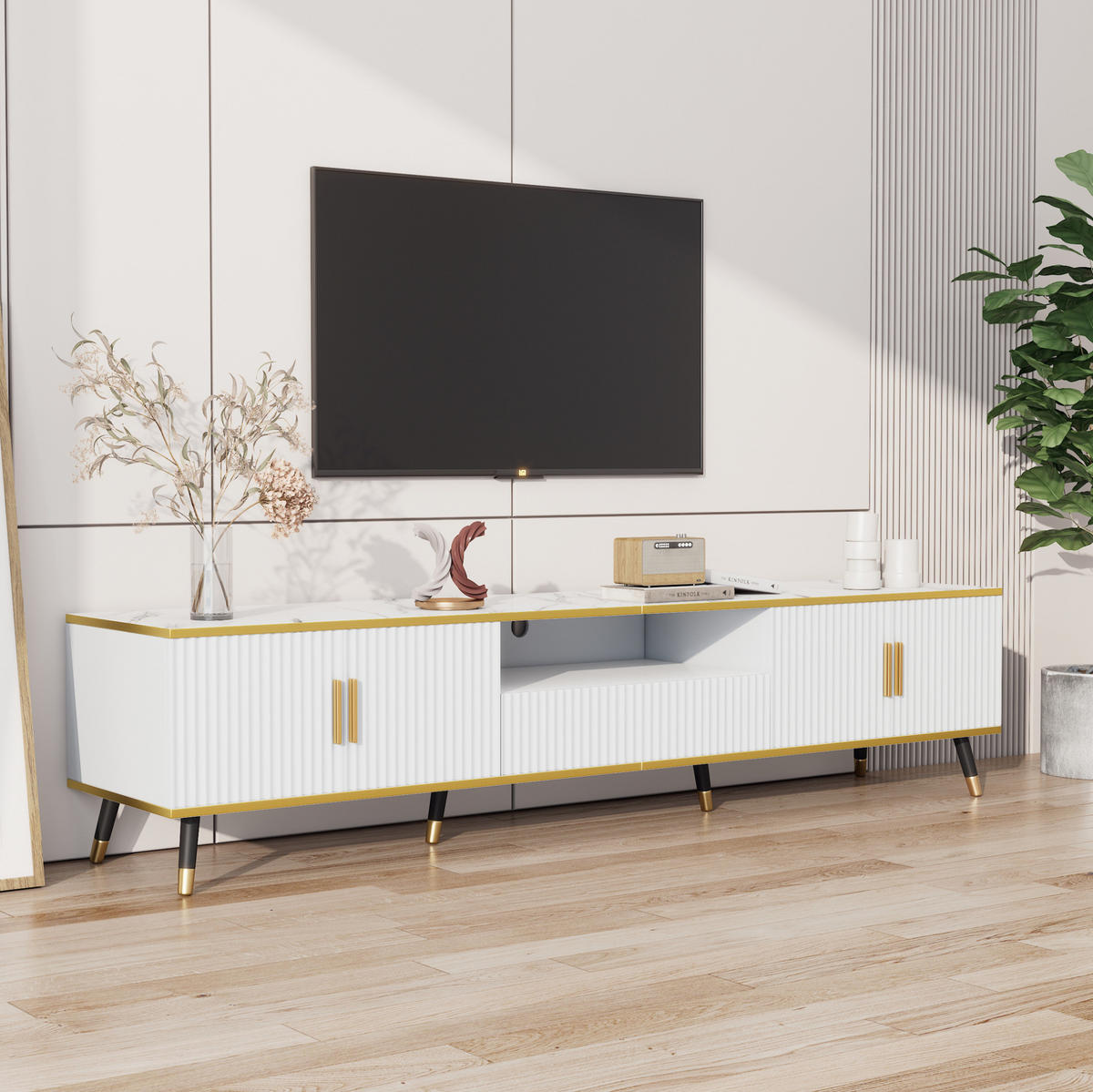 TV-SCHRANK in Weiß mit Marmoroptik, 2 Türen und Schublade 200/40/46 cm - Weiß, Holzwerkstoff (200/46/40cm) - Redom