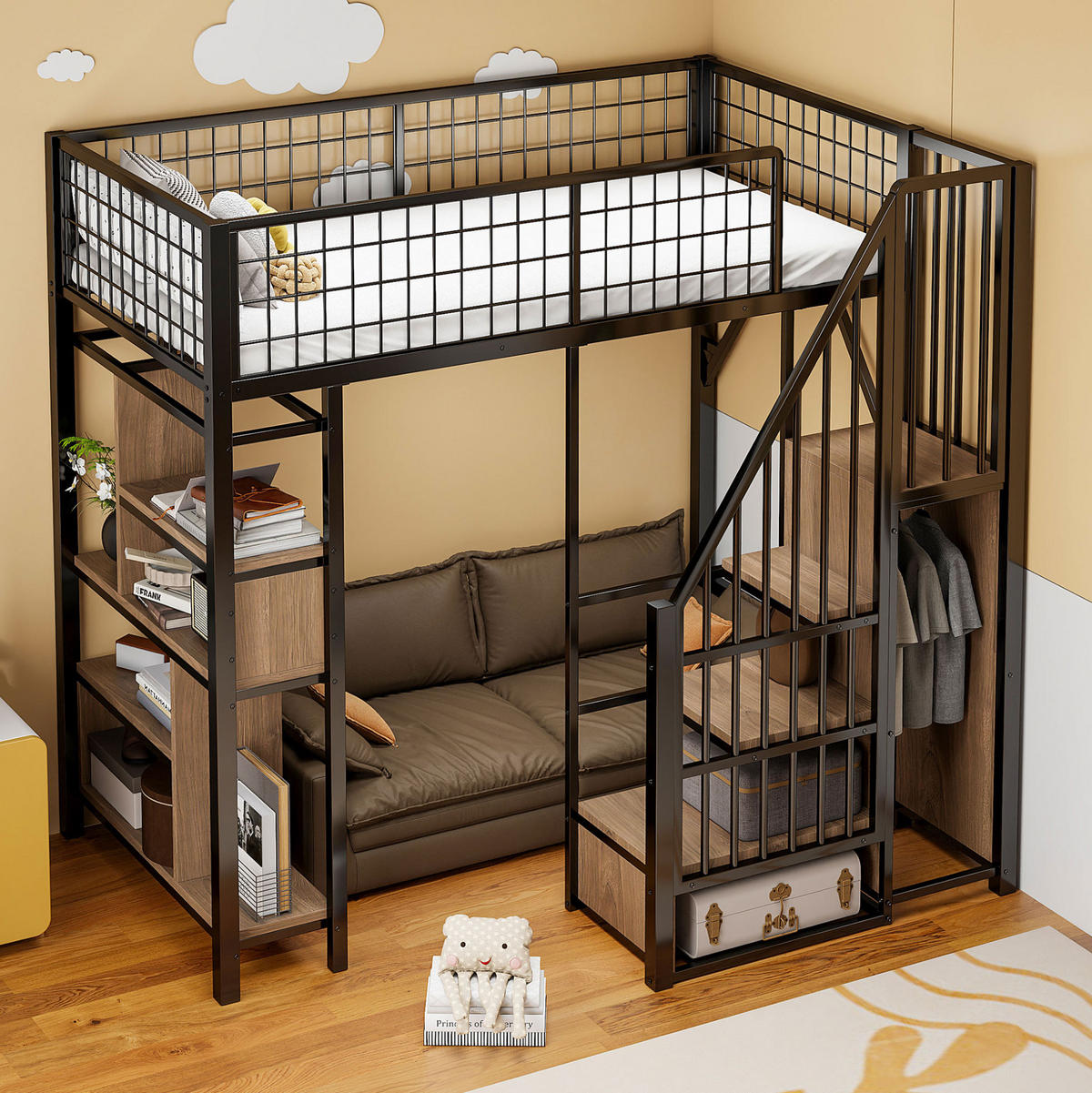 HOCHBETT 90/200 cm aus Metall und Holz mit Stauraumtreppe, Schwarz - Schwarz, Metall (90/200cm) - Flora Grace