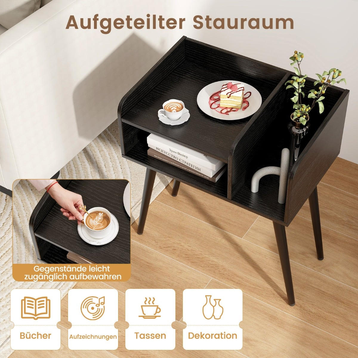 NACHTTISCH mit offenem Fach, Metallbeinen, 50 x 32 x 58 cm, Schwarz - Schwarz, Holzwerkstoff/Metall (50/58/32cm) - DESIGN IN