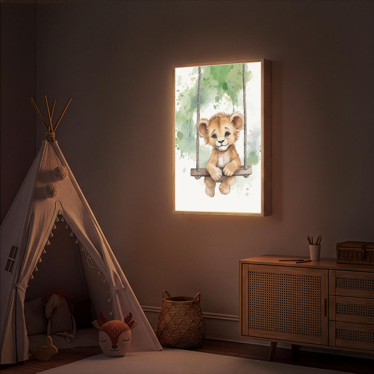 NACHTTISCHLAMPE MIT AKKU Löwe - Tier - Kinder - Dschungel 60x90 cm - Weiß, Holzwerkstoff (8/60/90cm) - OnlyWow