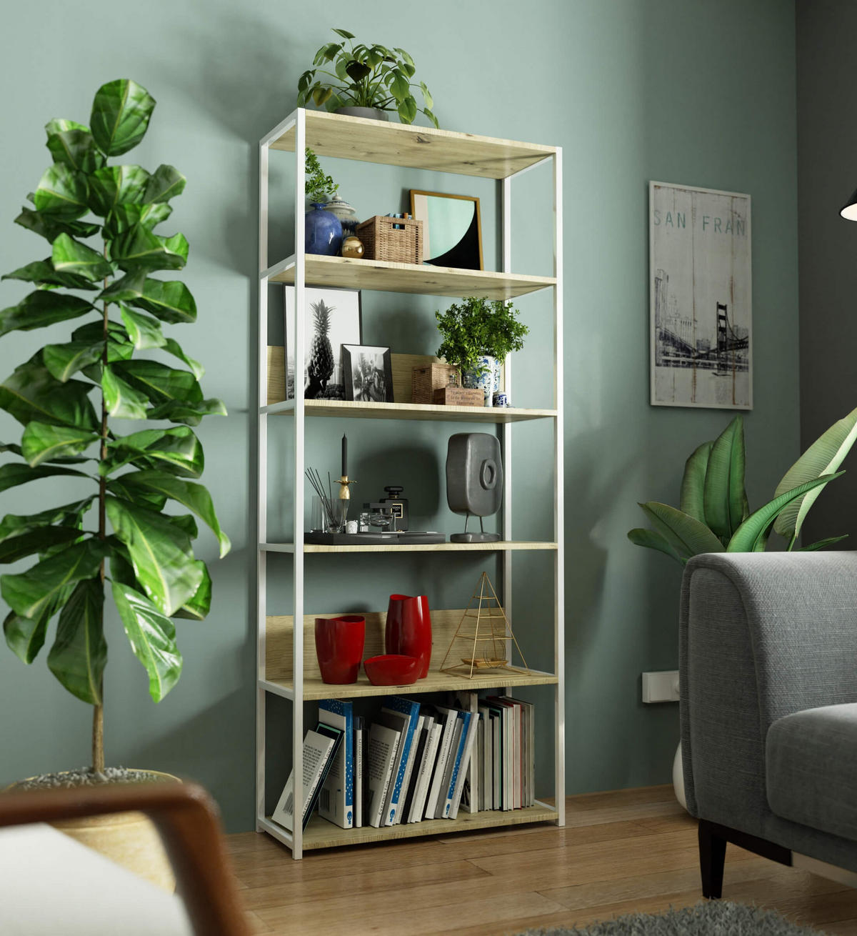 LOFT-REGAL Weiß, Eiche Artisan 80x192x32 cm - Weiß/Eiche Artisan, Holzwerkstoff/Metall (80/192/32cm) - Akord