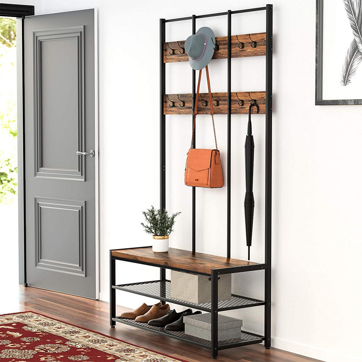 GARDEROBENSTÄNDER Schwarz 100x40 cm HSR86BX Mit Sitzbank Und Schuhregal - Schwarz, Metall (100/186/40cm) - Edanti
