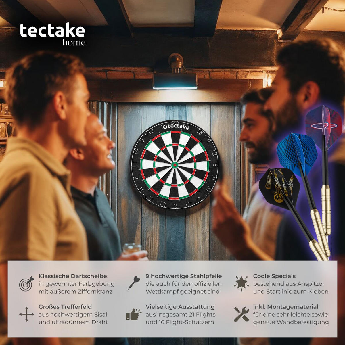 DARTSCHEIBE Bully,Zubehör aus Anspitzer, 16 Flight-Schützern und Startlinie,schwarz/weiß - Schwarz/Weiß, Naturmaterialen (45/45cm) - tectake