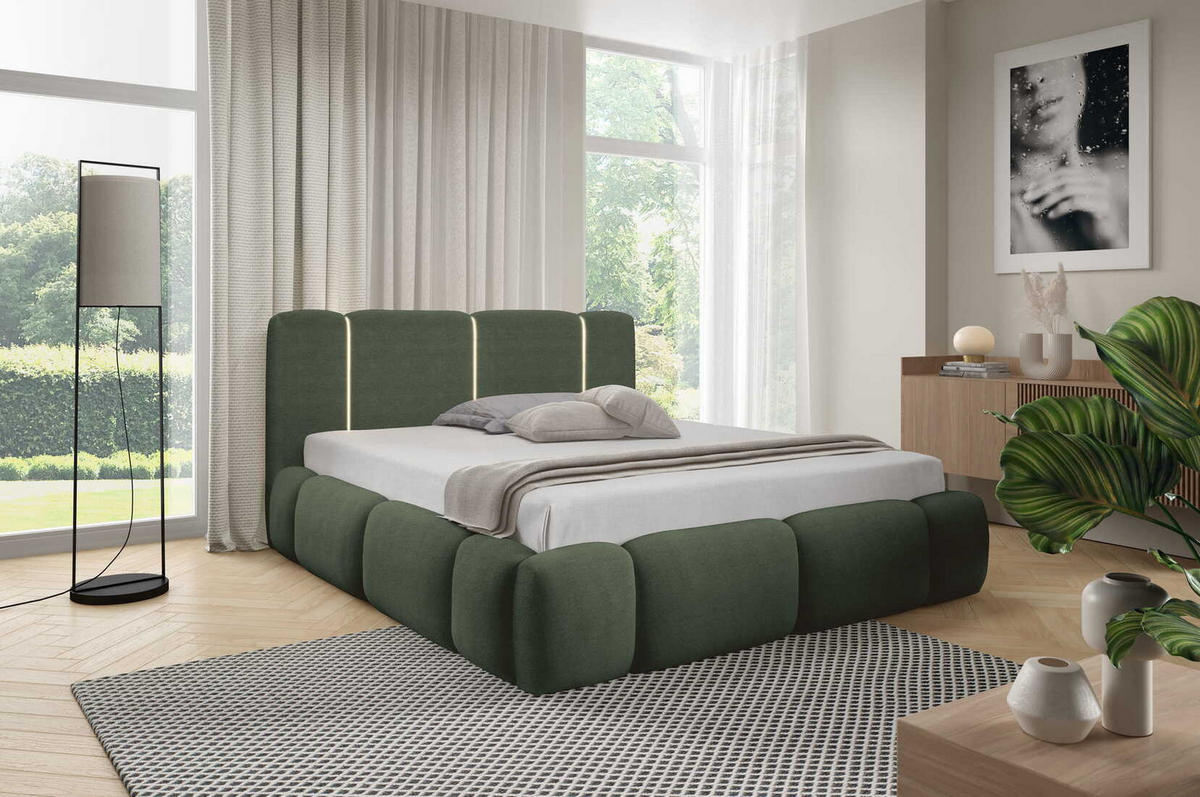 DOPPELBETT 160x200 Avelin mit Bettkasten, LED, Bouclé, Grün - Grün, Holz/Metall (160/200cm) - Emporius
