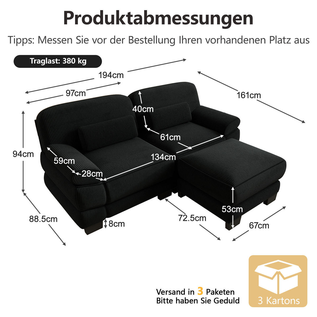 ECKSOFA 2-Sitzer L-Form mit Hocker, DE-42659, Schwarz - Schwarz, Holz (194/161cm) - ComfortXL
