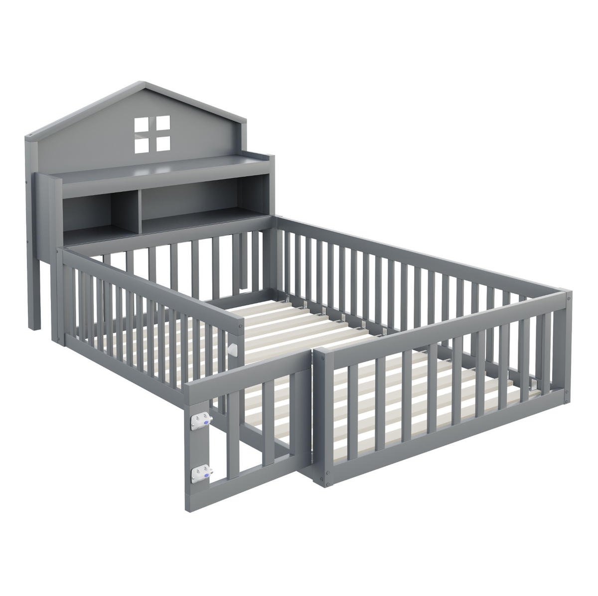 KINDERBETT in Hausform 90x200 cm Massivholz Grau mit Stauraum - Grau, Holzwerkstoff (90/200cm) - Beauniv