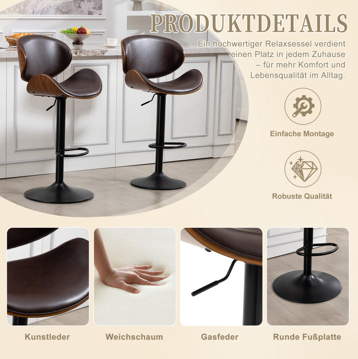 BARHOCKER höhenverstellbar und 360° drehbar Braun - Braun, Kunststoff (50/93/51cm) - MIVRAY