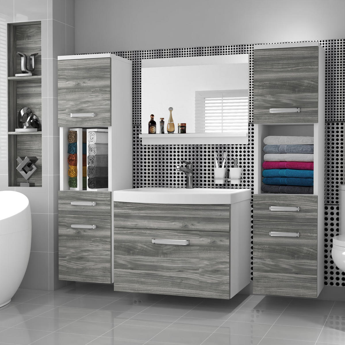 BADMÖBEL Badezimmer SET PRI M6, Glamour Holz Matt, 120 cm - Silberfarben, Holz (38.7/113.5/120cm) - B BELINI GROUP