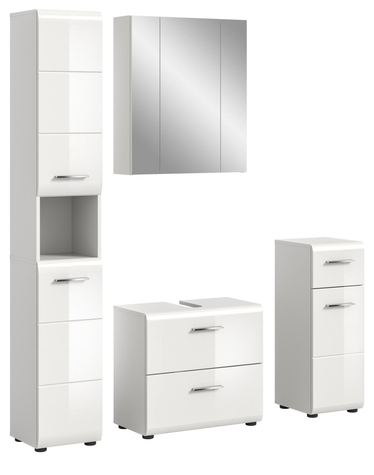 BADMÖBEL-SET 4-teilig in weiß Hochglanz Badkombination 150 x 185 cm Cover - Weiß Hochglanz/Silberfarben, Holzwerkstoff/Kunststoff (150/185/30cm) - Inn.Furn