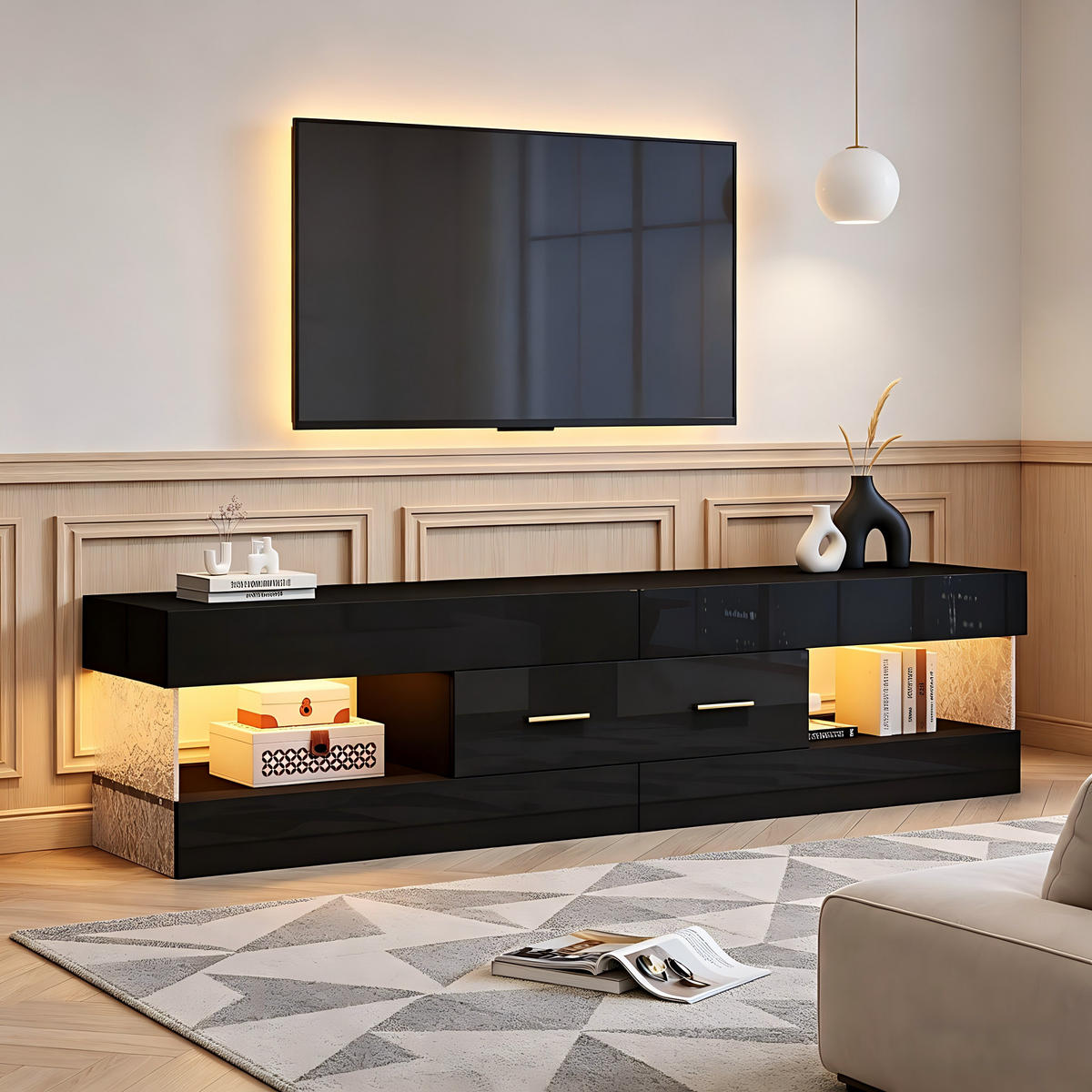 LOWBOARD in Schwarz, TV Schrank mit LED, Offenen Stauraum und Schubladen, 152/35/40cm, für Wohnzimmer - Schwarz, Holzwerkstoff (152/40/35cm) - STILVORA